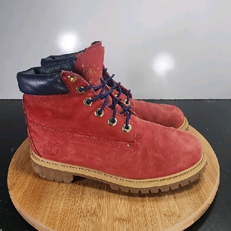 Timberland 6 Inch Mid Sz 5 Youth=6.5Womens 009084 Red Blue Leather Ankle Boots