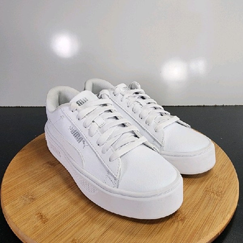 PUMA Smash V2 Sz 7.5 Womens 009270 Triple White Leather Running Sneakers Shoes