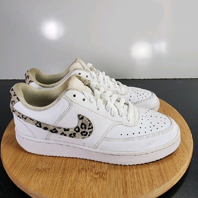 Nike Court Vision Low Sz 8 Womens 009267 White Tan Leopard Casual Sneakers Shoes