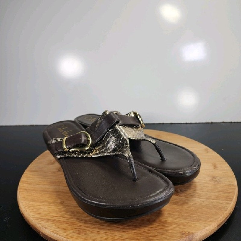 Cole Haan Air Maddy Sz 9.5 Womens 008847 Brown Patent Leather Wedge Thong Sandal