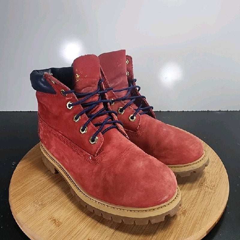 Timberland 6 Inch Mid Sz 5 Youth=6.5Womens 009084 Red Blue Leather Ankle Boots