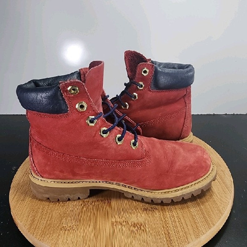 Timberland 6 Inch Mid Sz 5 Youth=6.5Womens 009084 Red Blue Leather Ankle Boots