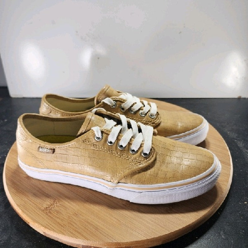 VANS Camden Low Sz 8.5 Womens 008907 Tan White Leather Skateboarding Sneakers