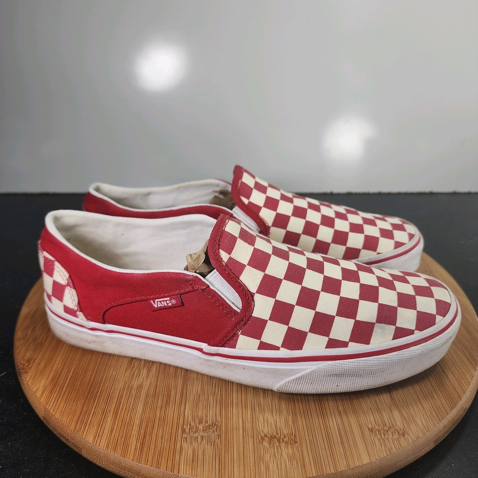 Women's Vans Classic Slip-On Sz 9.5 010267 Red Canvas Check Skating Sneakers