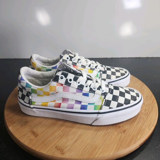 Womens VANS Old Skool Low Sz 7 009887 White Black Canvas Check Skating Sneakers