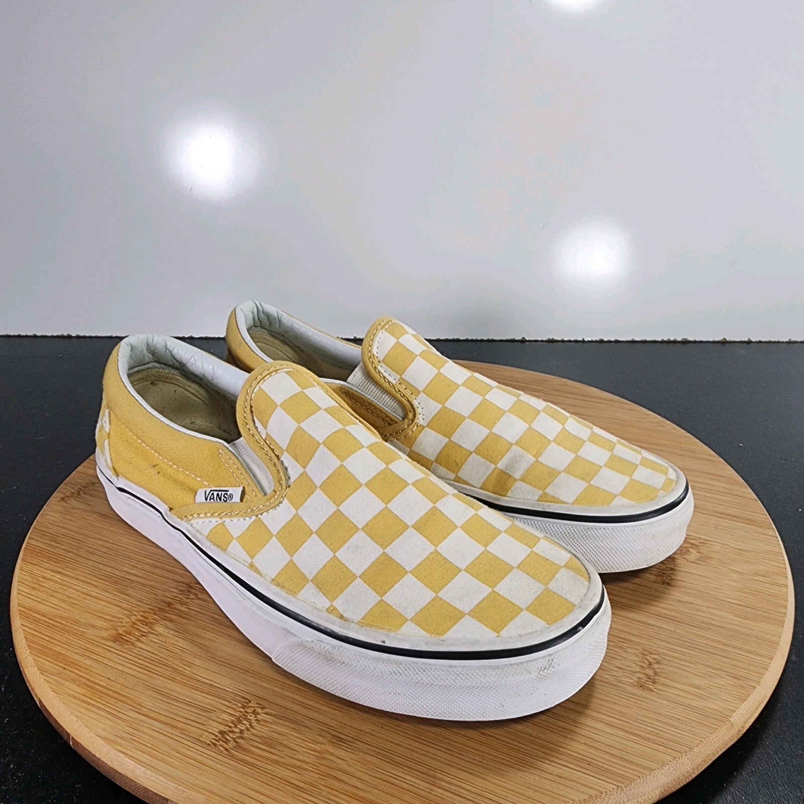 VANS Classic Slip On Sz 7Womens 009397 White Yellow Check Skateboarding Sneakers