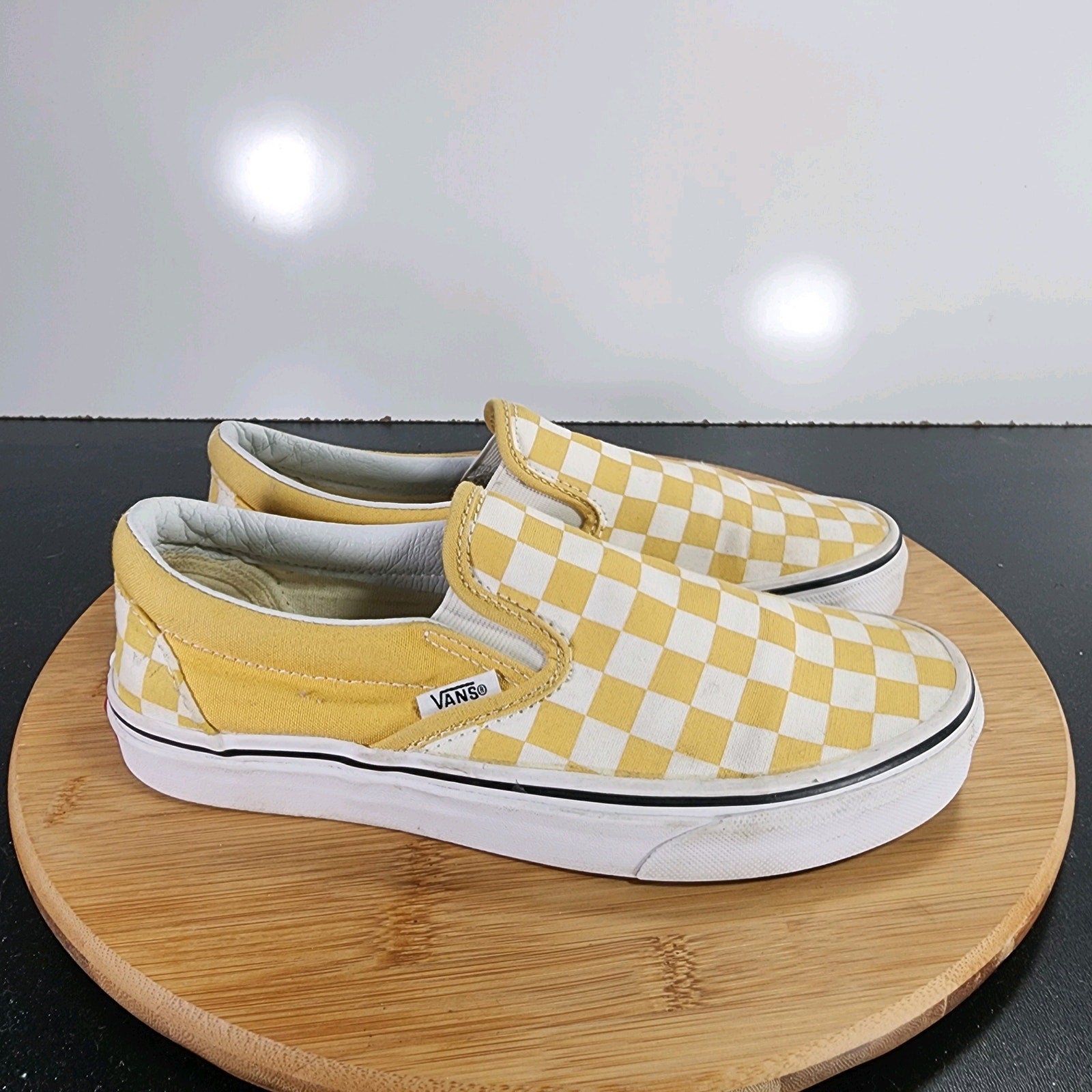 VANS Classic Slip On Sz 7Womens 009397 White Yellow Check Skateboarding Sneakers