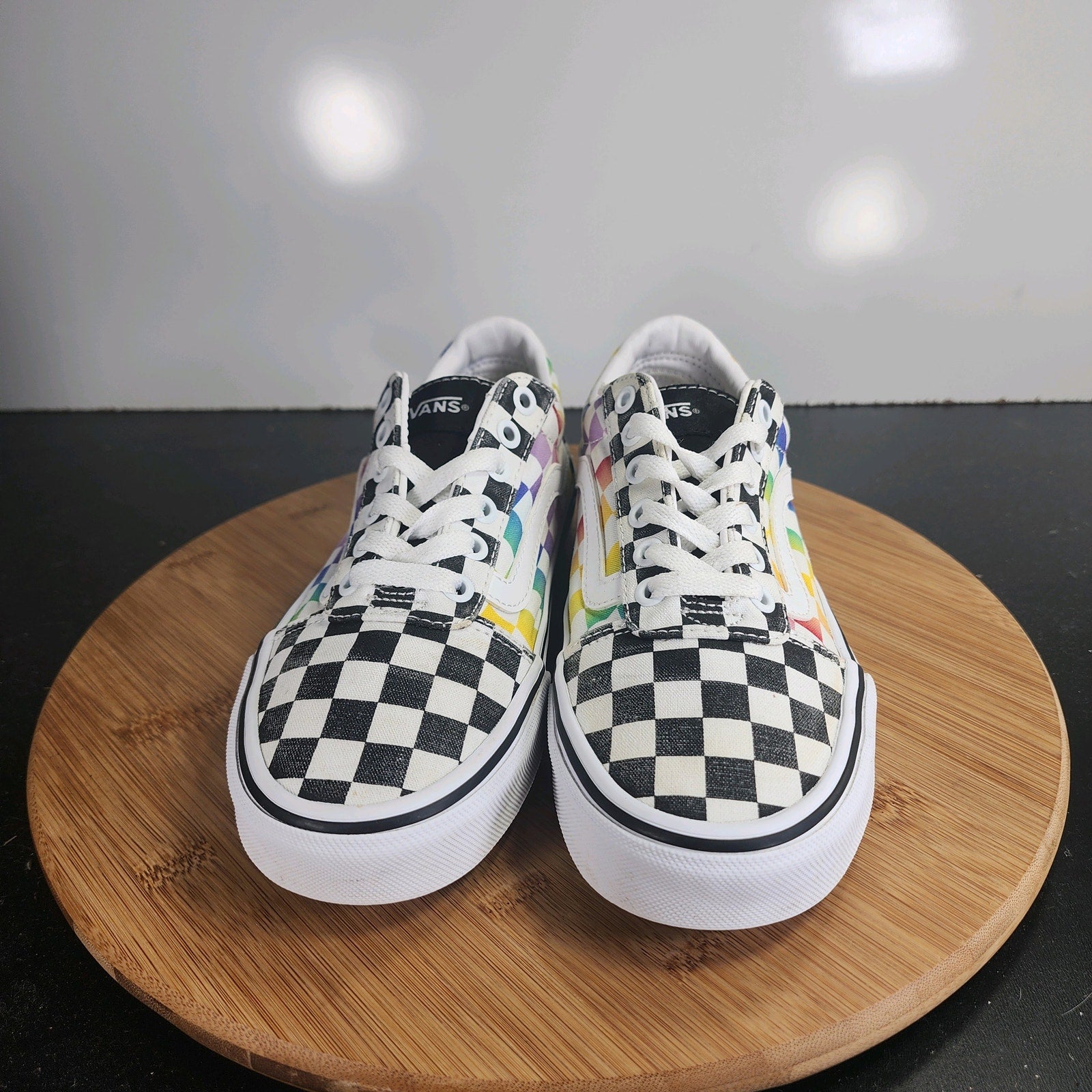 Womens VANS Old Skool Low Sz 7 009887 White Black Canvas Check Skating Sneakers