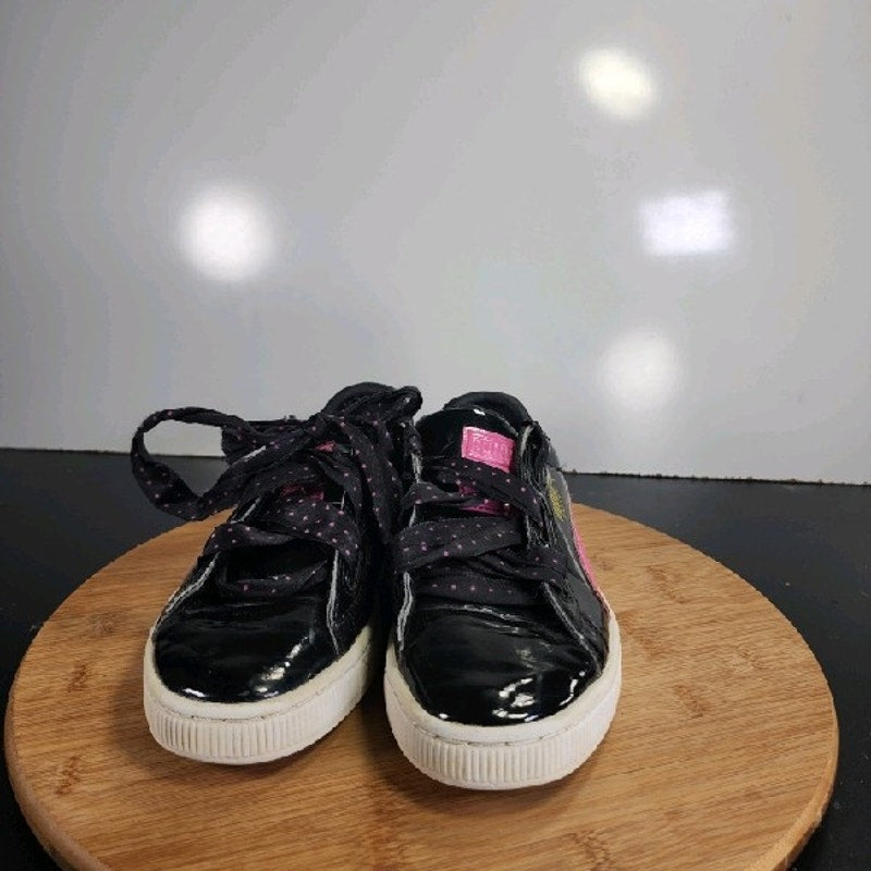 PUMA Basket Heart Low Sz 4 Big Kids 008984 Black Pink Patent Trainers Sneakers