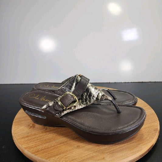 Cole Haan Air Maddy Sz 9.5 Womens 008847 Brown Patent Leather Wedge Thong Sandal