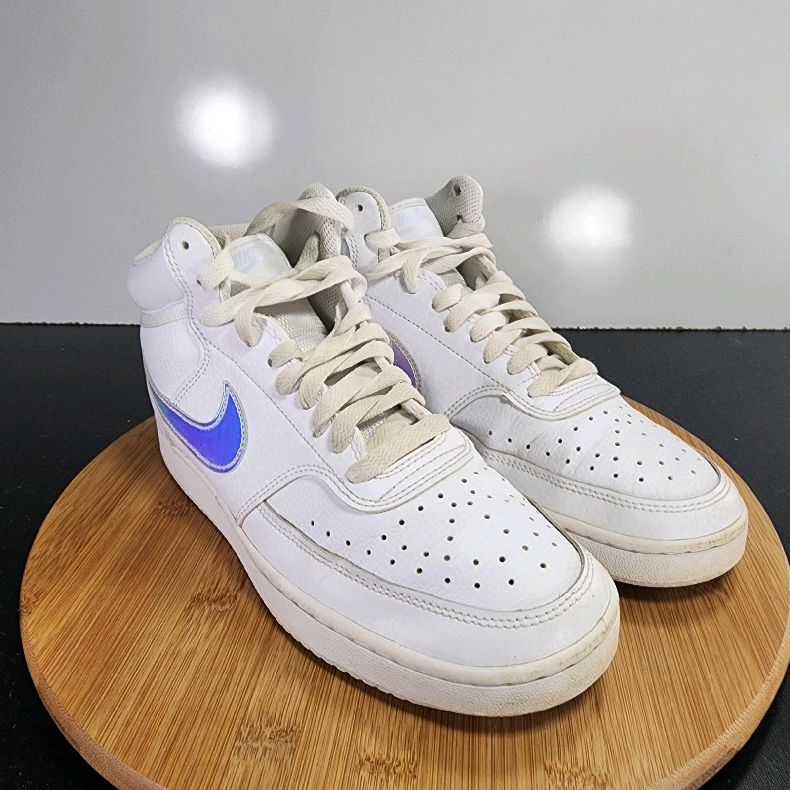 Nike Court Vision Mid Sz 9.5Womens 009343 White Blue Leather Basketball Sneakers