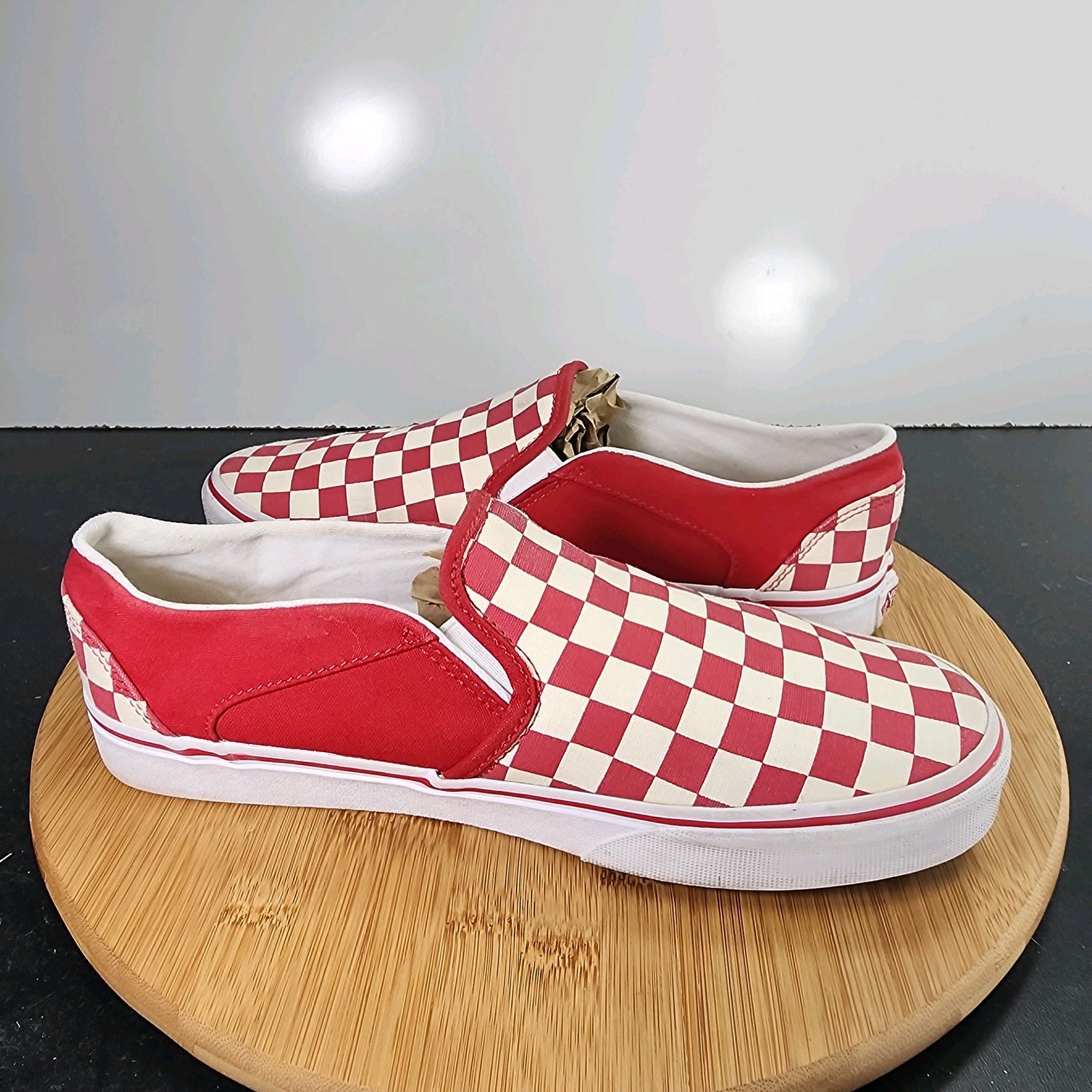 Women's Vans Classic Slip-On Sz 9.5 010267 Red Canvas Check Skating Sneakers